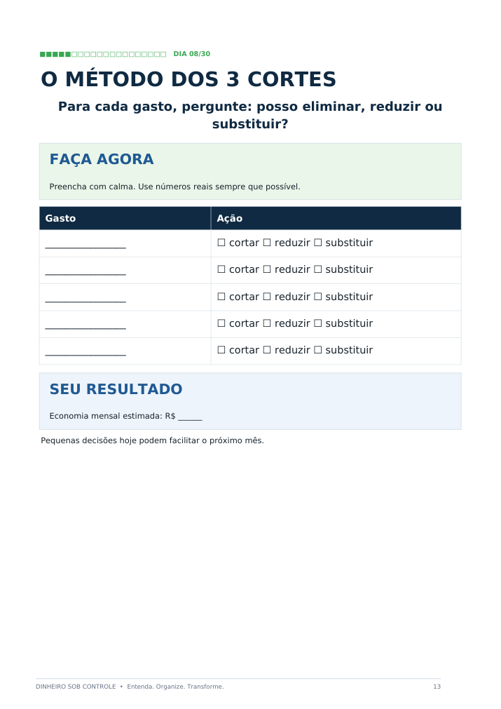 Página interna do Dinheiro Sob Controle