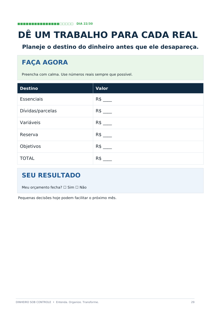 Página interna do Dinheiro Sob Controle